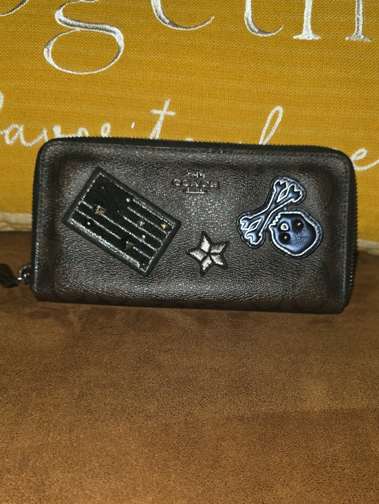 Coach Handbags - Coach Dark Brown Leather Zip Wallet with Blue Skull Patch,star,and Flag on front